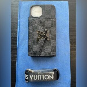iPhone 15 Black Checkered Phone Case with Gold Logo